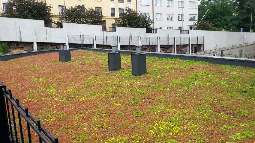 Siirtyminen referenssiin Nordic Green Roof® maksaruohoviherkatto ja Diadem-kattopuutarha sivustolla eg-trading.fi.